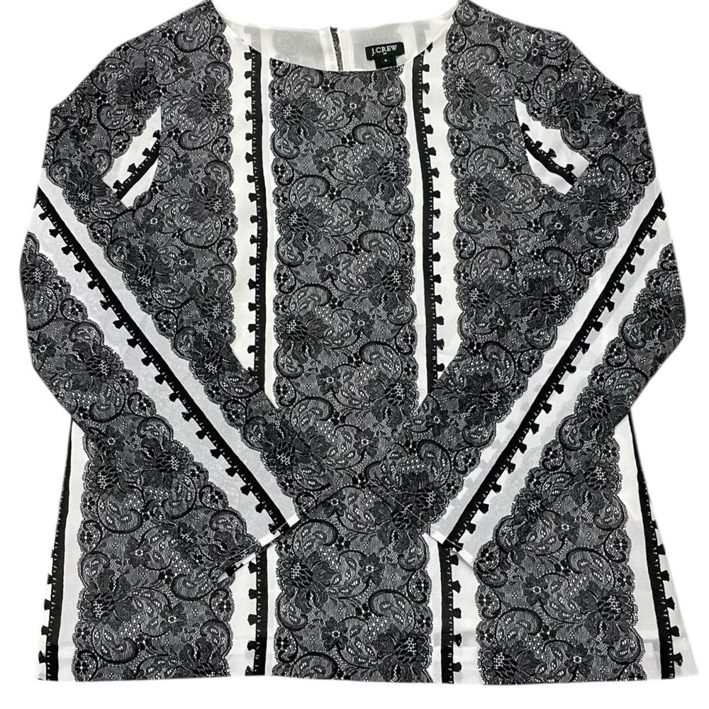 J. Crew Women's Small S Black White Lace Print Long Sleeve Lined Top Blouse J
